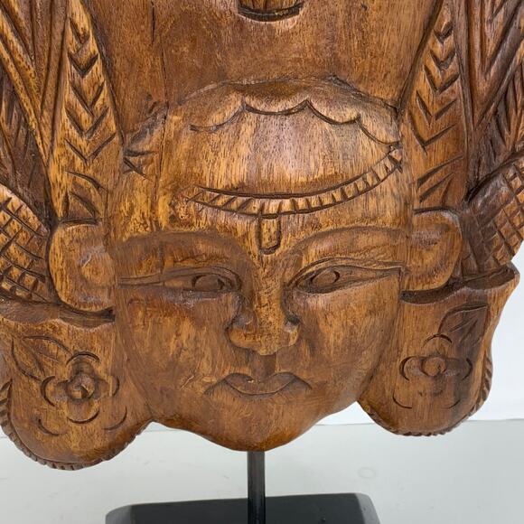 Vintage Wood Hand Carved Feather Flower Bust Head Mask Wood Base - Picture 8 of 9